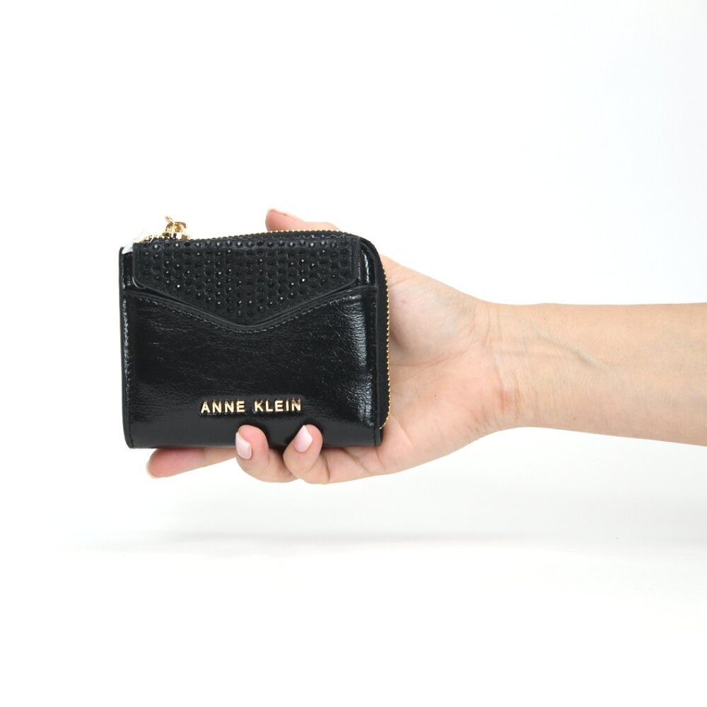 Anne Klein 2 Piece Envelope Flap Curved Wallet with Rhinestones , Black